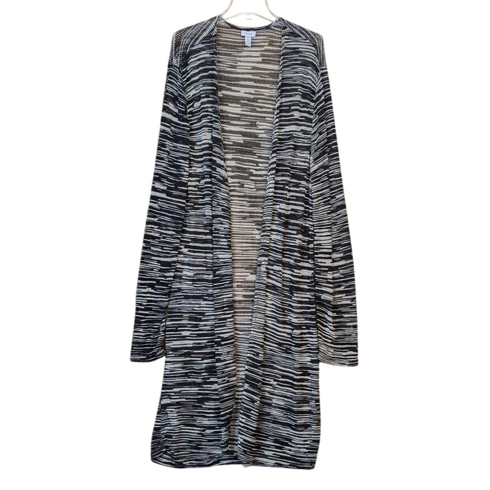 Chicos Black White Textured Space Dye Open Front Longline Duster Cardigan Large